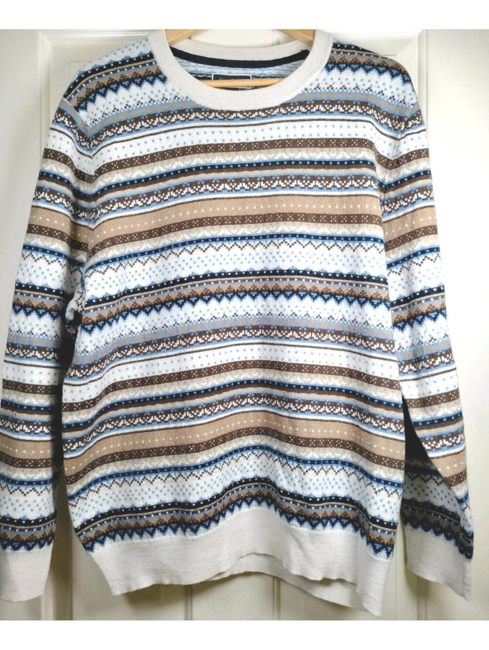 Club Room Merino Wool Blend Fair Isle Sweater Men's XXL Blue‎ Tan Striped Soft